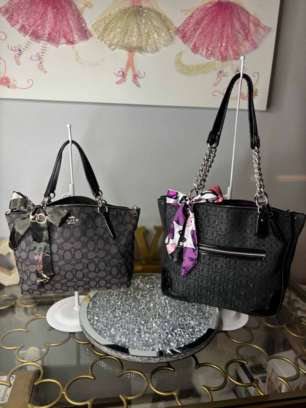 Coach Black Signature Canvas Shoulder Bag with Pink & Purple Scarf Accent REHAB